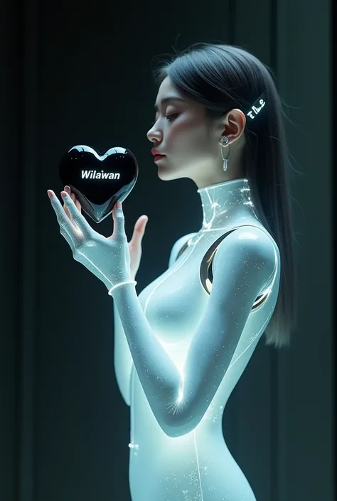 A glowing female robot stands holding a black heart on the left side. Inside the heart is the word Wilaiwan.