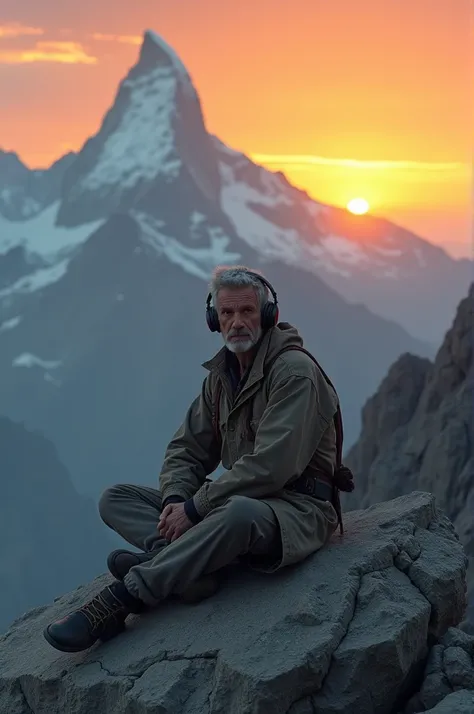 A man sitting on mountain rock looking sad wearing headphones at sunset time 