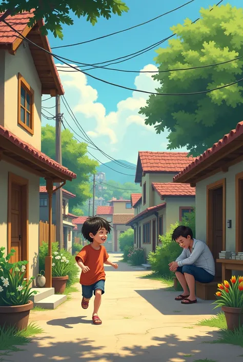 A small town with a humble atmosphere. Isko runs around the neighborhood, happily playing, without a care about money.

Isko passes by Rico, who is counting coins and bills, frustrated about not having enough.

Rico complains loudly, "Money is everything! ...