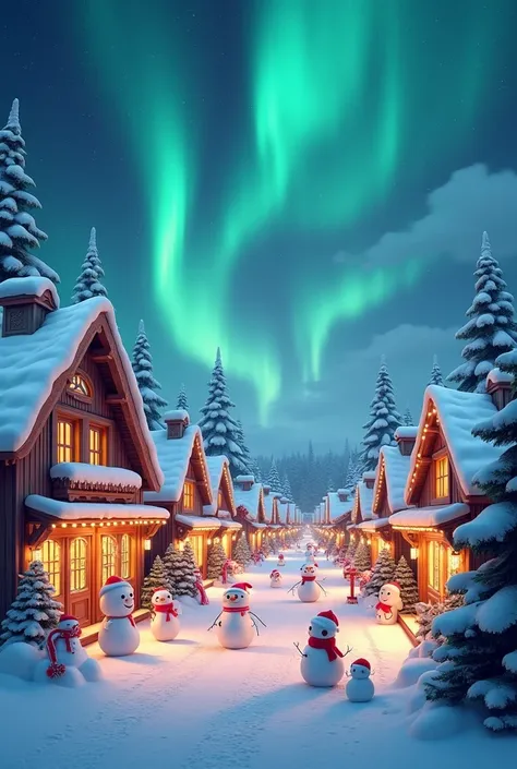 create the SketchUp of snowman village with northern light LED projectors and cottages decorated in shopping mall for  christmas