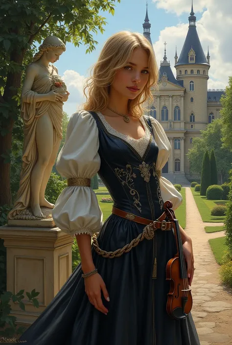 (High quality), a teenage Italian noblewoman, shoulder length dirty blond hair, dressed in black and silver hunting suit, 17 century fashion, standing near the Venus statue in French park, a Rennaisance castle in the background, playing violin, Greg Rucka ...