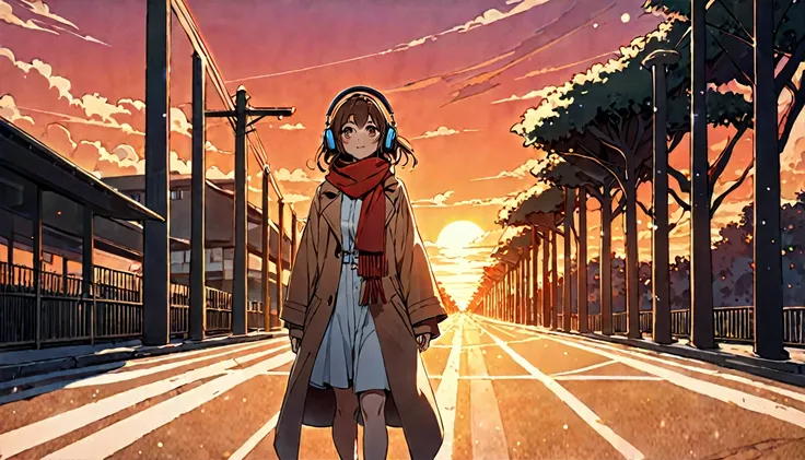 background：A red sunset and a quiet road。
expression：少し感慨深いexpression。
Costume：A loose coat and scarf。
Pose：While walking slowly、Looking up at the sky。
scene：Walking alone along the promenade enveloped in the sunset、I think about the changing of the season...