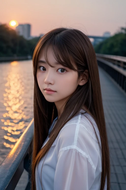 Long hair on the bridge at dusk, Brown Hair, Very long hair, Downcast eyes