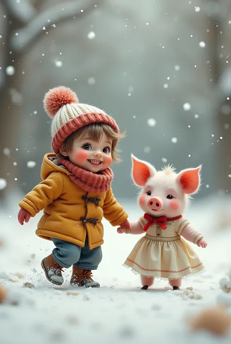 Kid dancing in snow with a pig in a dress