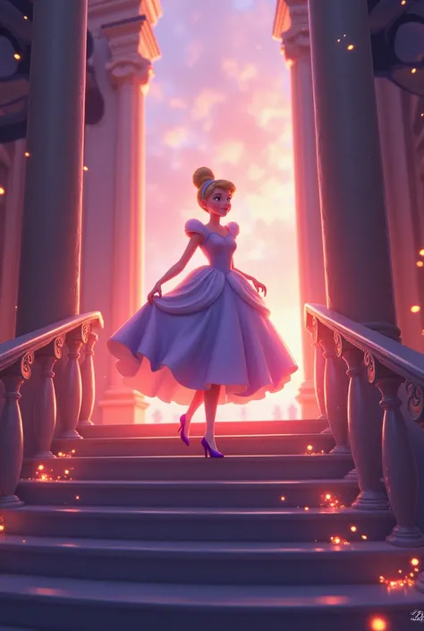 Cinderella is leaving the palace and going down the stairs when a glass slipper falls from her foot.. The background consists of a beautiful, bright light from the palace, and bright and cheerful bands surround the image space..

