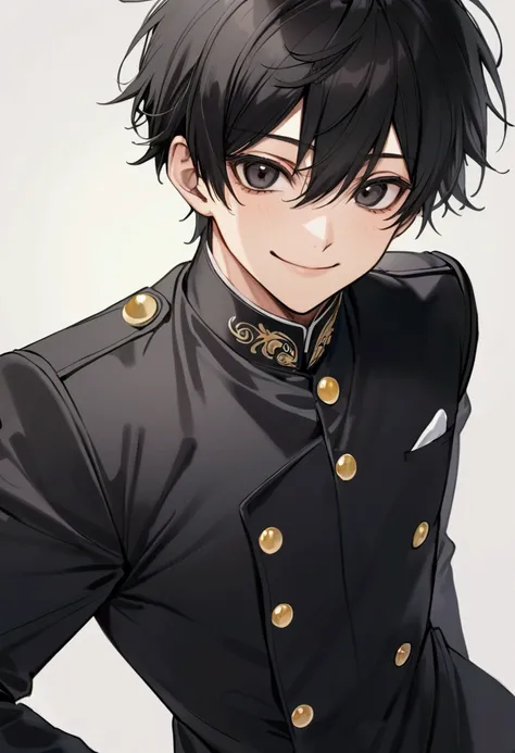 Best quality, Black hair , 1 male, big black eyes, Black Gakuran , Neat attire , Smiling