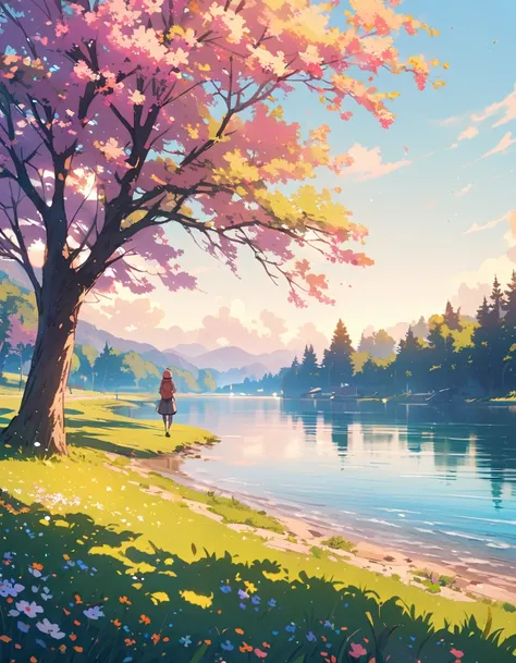 garden，green trees，lakeside，green grass，spring，masterpiece, best quality，illustration style，bright colors，Perfect picture quality，