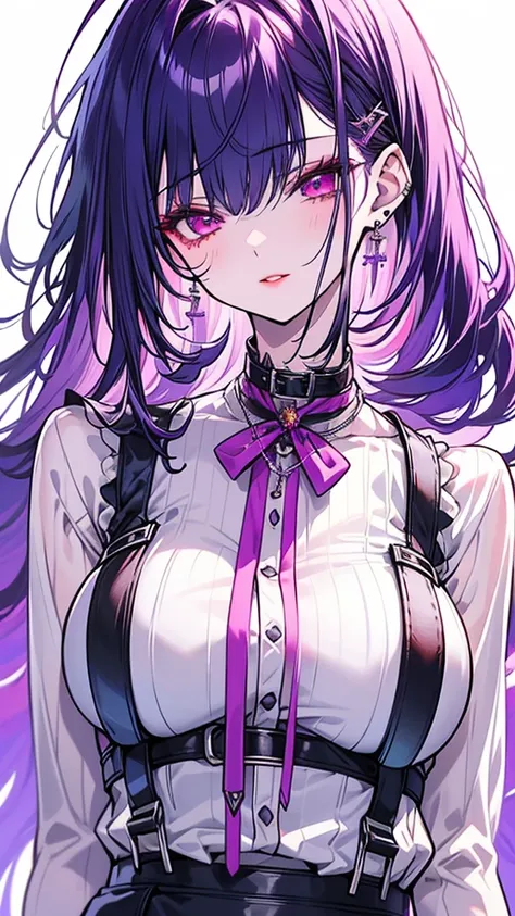 Upper body (Best quality at best,8K,A high resolution), Digital artwork, anime, anime cg, one girl，detailed face，detailed eyes，soft purple hair，long straight hair，glowing purple  eyes，red lip，Suspenders