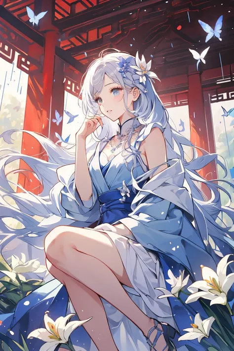 Sweet girl clothes2,pearl necklace,blue dress,flower, ((knee shot)), One hand resting on his lips、There are white butterflies around the hair.，Lilac dendrobium、orange lily、white lilies、1 girl in、fully body photo、White hair、floated hair、Hazy beauty、A plump ...