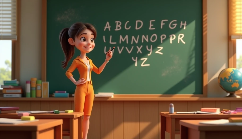 “A Pixar-style 3D animation featuring a young female teacher standing in front of a large blackboard, writing the alphabet in neat, colorful chalk. The teacher has a friendly, animated expression, with her hair pulled back into a ponytail, wearing a bright...