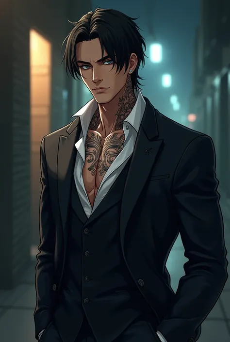 He&#39;s a gang boss, He is handsome and has a muscular body., No beard, He is wearing a suit and has a few buttons on his shirt undone., The personality is tsundere, Black hair and black eyes, There are tattoos from neck to chest., No chest hair, I don&#3...