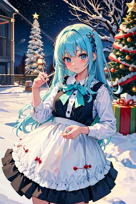 Cirno and her friends are having a Christmas party　white christmas　quiet night lake　powder snow falls　Christmas tree　Christmas Cake　illumination　Meteor Shower　大きなChristmas Cakeを食べるチルノ　Clothes are default　

information
