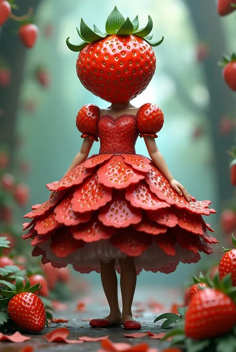 Create a fruit strawberry  his complete body but no face  his wear h beautiful funky dress 