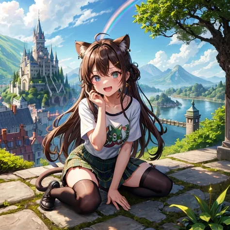 Rainbow brown hair、Rainbow Eyes、Wavy Hair、Hair tied up、Two cute、Checked mini skirt、Black T-shirt、Cat ear hood、Black knee-high socks、Teeth are visible、Monster Castle、Tilting face、lawn、In front of the city gates、The stone is cracked、Uneven ground、Stone Wall、...