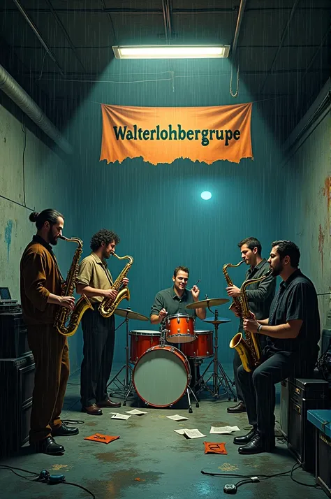 The music group "WalterLohbergGruppe" in the rehearsal room Bunker jazz rain drugs name banner