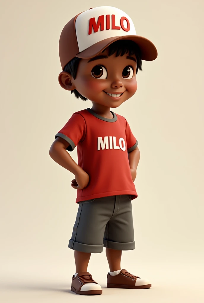 A chocolate skin boy standing up with a cap with MILO WRITTEN ON IT