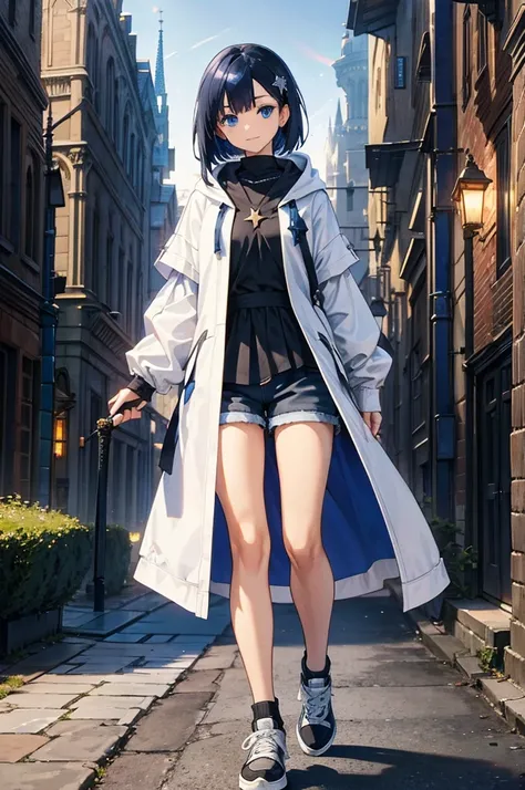 Cathedral in the background、Medieval street at night,　Shining Star、Wide Road、Young Face, White jacket,Medium Hair, Black and blue hair,blue eyes, I wore shorts、Wear sneakers、Carry a sheathed sword on your back