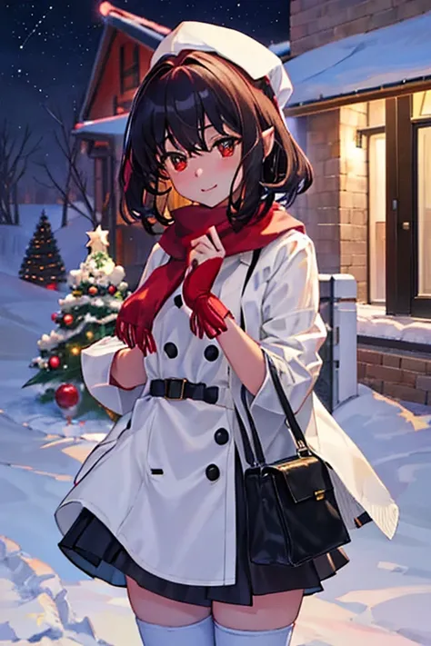 Aya Shameimaru and her friends are having a Christmas party　white christmas　quiet night lake　powder snow falls　Christmas tree　Christmas Cake　illumination　Meteor Shower　大きなChristmas Cakeを食べるチルノ　Clothes are default　


