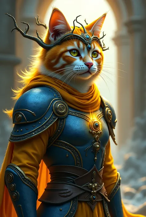 The cat is wearing a vine headgear and blue and yellow armor around its body.，Has a yellow aura。