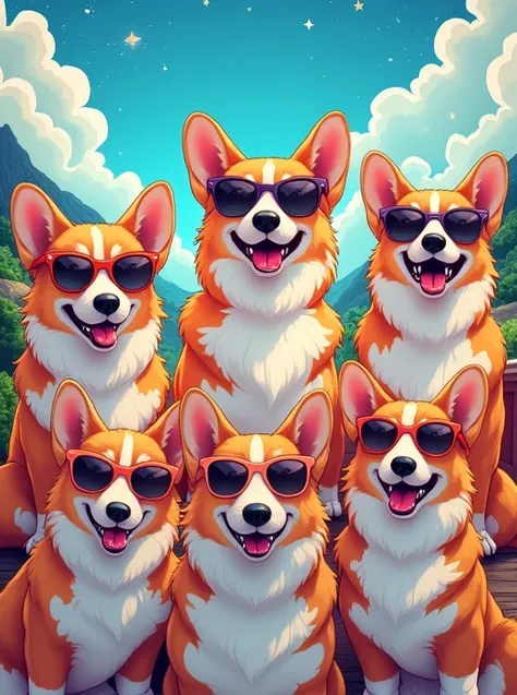 Typography Smiling cute corgi dog wearing sunglasses group masterpiece, Best Quality, Afterimage, Illustration effect for posters and magazines, Background and frame have rounded corners, moving line, Pop Art, Rococo, anime, Kujukushima Corgi Dog Group Kuj...