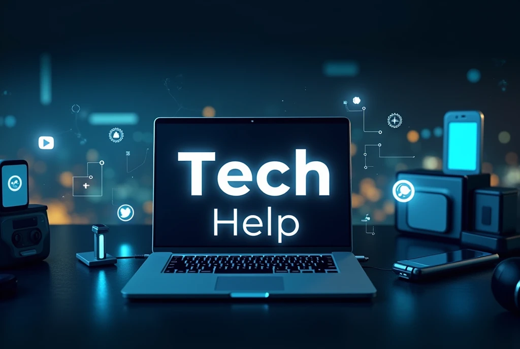 Design a sleek and professional YouTube banner for a channel titled "Tech Help." The banner should have a clean, modern look, featuring various tech elements such as smartphones, laptops, and gadgets subtly in the background. Use bold and clear fonts for t...