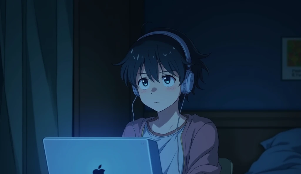 An anime character in alone night in his room sadly vibing with headphones the image is for YouTube thumbnail 