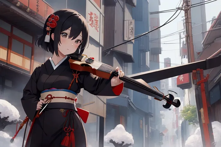 Imagine a female Shamisen player (a traditional Japanese instrument) in a modern and futuristic setting. The design of the Shamisen should also be modern and futuristic. The whole scene should be in a manga drawing style with touches of traditional Japanes...