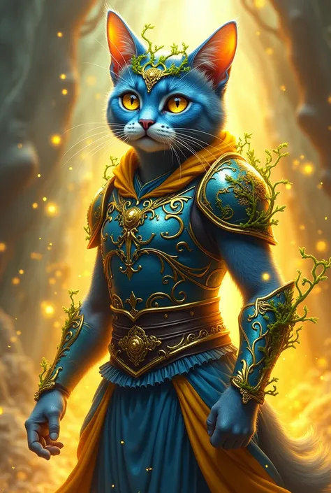 The cat is wearing a vine headgear.，Wearing blue and yellow armor，A yellow aura surrounds her body, giving her a chuunibyou-like vibe.