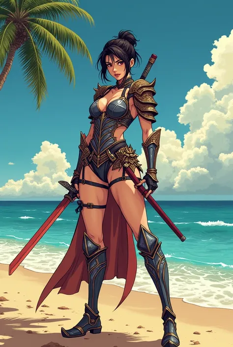 Femme Guerrière manga sur la plage me regarde 