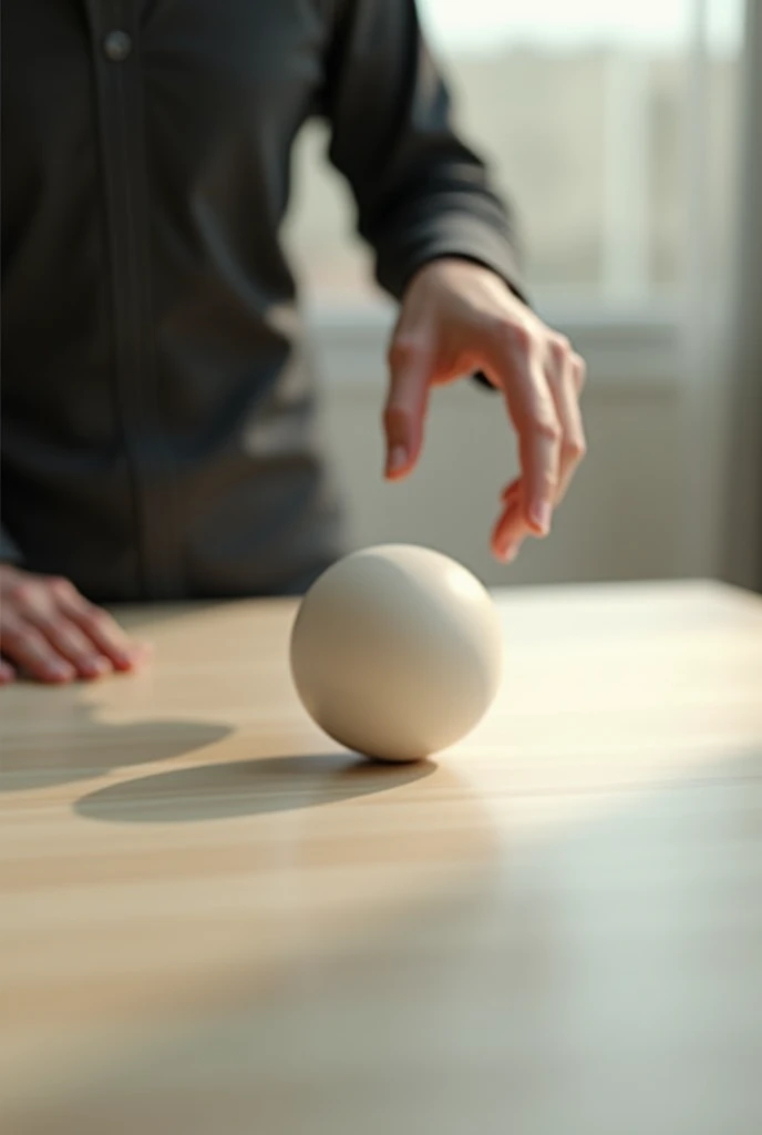  a small ball being hit in a rolling motion on a table by a person 