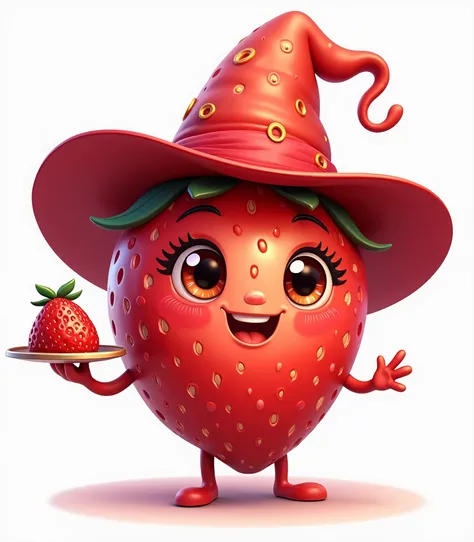 "Create a character of a strawberry with a cute and friendly face. The strawberry character is wearing a large classic wizard hat, colored in vibrant shades of red, adorned with intricate, berry-inspired patterns that give a magical and fruity vibe. The ch...