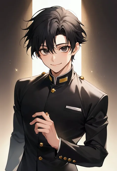 Best quality, Black hair , 1 male, big black eyes, Black Gakuran , Neat attire , Smiling