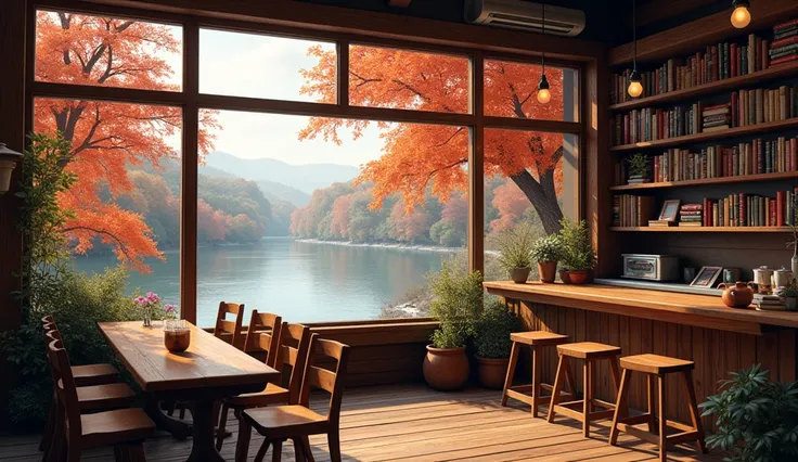 A rustic book café located next to a flowing river during autumn. The large windows offer a view of the riverbanks lined with trees in vibrant red and orange. Inside, wooden shelves filled with books create a cozy and welcoming atmosphere, with warm lighti...