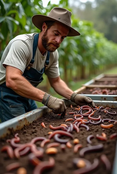 Prepreparing vermicompost in beds by farmer worms seen on the vermicompost and farmer also been working on the bed related to vermicompost work
