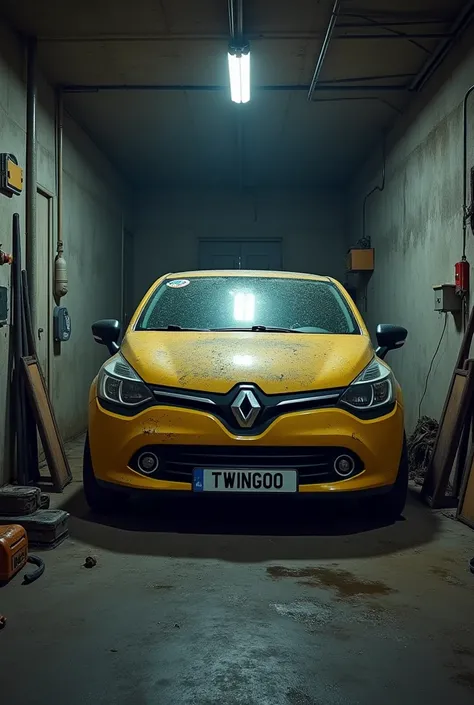 Une Renault clio2 qui est bloquée dans un garage avec une twigo1