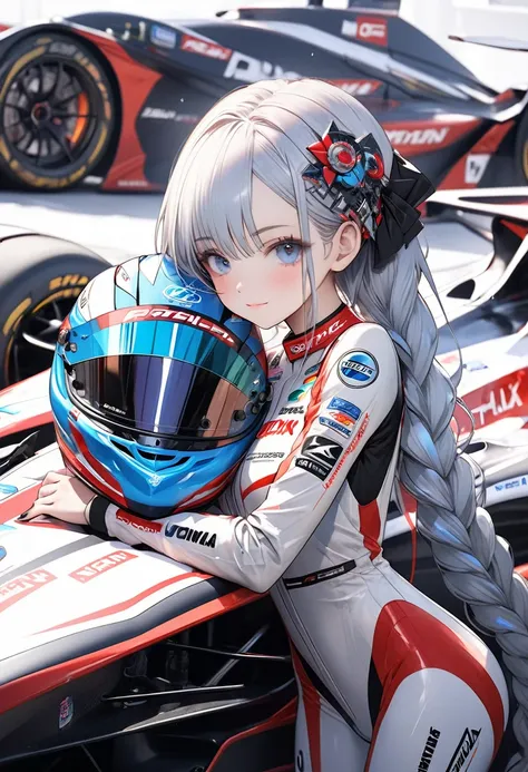 High resolutionデジタルCG画像, Beautiful futuristic girl is posing in front of a futuristic racing car,masterpiece、high quality、High Detail、4K、RTX、High resolution、1 Girl、Cute Face、Blue streaked hair、Filmography、blue eyes、Highly detailed eyes、Very long hair、Braid...