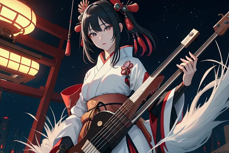 Imagine a female Shamisen player (a traditional Japanese instrument) in a modern, futuristic and distopian setting. The design of the Shamisen should also be modern and futuristic with some electronics. The whole scene should be in a manga drawing style wi...