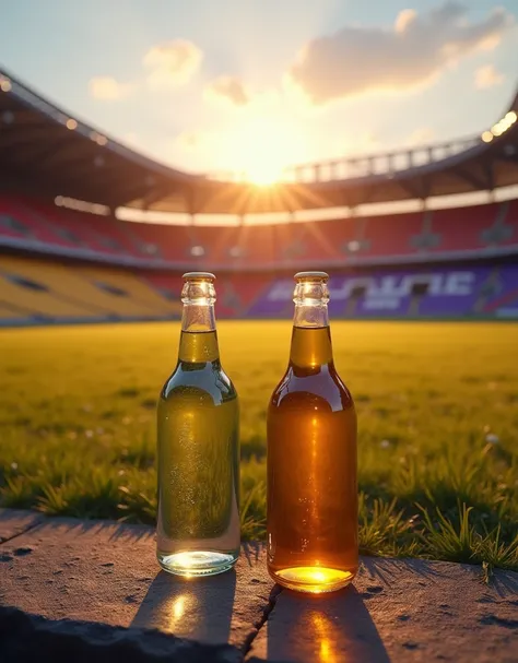 2 bottles placed on stone grass surface one on the left side and other on the right, in the background there is wide football stadium. Right side of the stadium is purple and left side is yellow. A creative fresh night gold theme overall. 