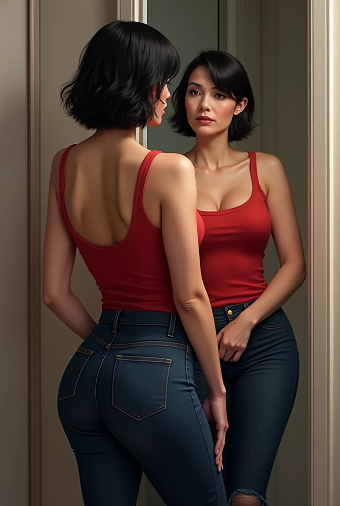 1 woman, white, with a defined and curvy body, with short shoulder length hair, smooth and black in color, wearing a red tank top and very tight jeans, Facing the mirror.