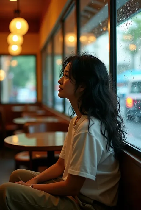 Professional photography, Wong Kar Wai movie lighting style, a charming beautiful young Kadazan beauty wearing white and vintage khaki pants, she has messy long curly black hair, she looking outside from inside, sitting lean back in corner of restaurant, l...