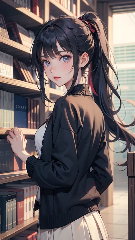 Upper body, anime, anime cg, 1  girl, blackberry hair, long ponytail,solo, looking at viewers, black cardigan, library, short skirt, (very detailed background:1.0), (highly detailed background:1.0),