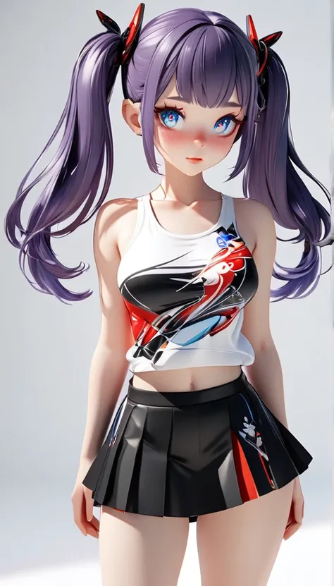 adult female character standing, with purple hair. This character wears red and black clothing with a futuristic design., and wears a white tank top with anime designs and a black short skirt. With a white background, anatomically correct, best quality, HD...