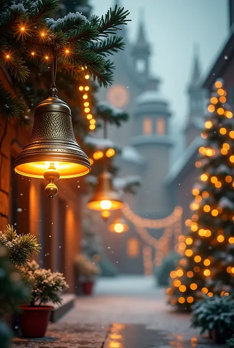 des cloches en mouvements illumées, Christmas decorations in the background, with fir trees, des guirllandes dorées, with snow falling
