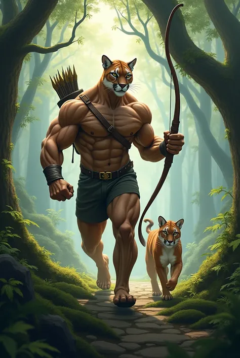 "A muscular, bodybuilde Cougar with well-defined muscles and fierce eyes is leading a small baby Cougar through a dense, mystical forest. Both Cougar are holding bows and arrows, poised as if hunting. The towering trees have thick, twisted branches, and th...