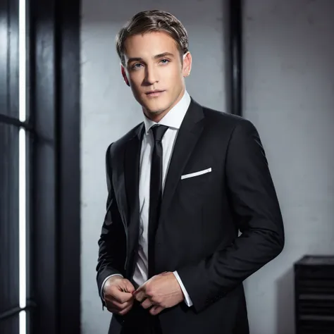 wearing a dark suit with a white shirt and a matching dark tie, neatly styled short hair, standing indoors, modern industrial ba...