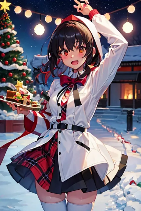 Aya Shameimaru and her friends are having a Christmas party　white christmas　quiet night lake　powder snow falls　Christmas tree　Christmas Cake　illumination　Meteor Shower　大きなChristmas Cakeを食べる射命丸文　Clothes are default