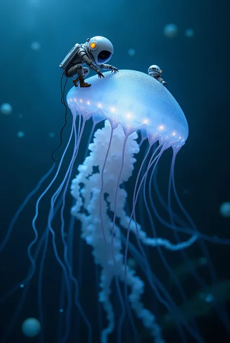 Tiny human scientists studying jellyfish by riding their tentacles: Imagine tiny human scientists carefully studying a glowing jellyfish while perched on its flowing tentacles. They wear intricate deep-sea suits as the jellyfish drifts through the twilight...