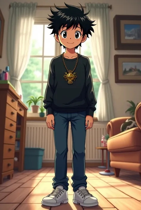 A  boy, thin, with short black hair and black eyes, is smiling. He wears a black long sleeve shirt, dark blue jeans and white sneakers. in the neck, wears a bronze pendant in the shape of Pegasus. The scene in the background is his house, with furniture an...