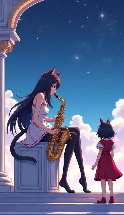 Please draw an animation of a cat girl playing the saxophone。In the background is the heavens with a palace.。Please wear black pantyhose with a mini skirt dress。長身でモデル風にPlease draw her with big boobs。Please sit down and play。Please draw me in red clothes。P...