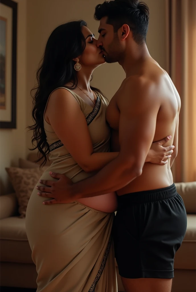 Saree plus size mother showing belly button and curvy butts, mother kissing her son passionately, son wearing black shorts,